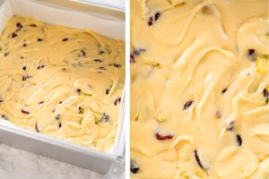 Fudge mit weißer Schokolade, Cranberries und Pistazien