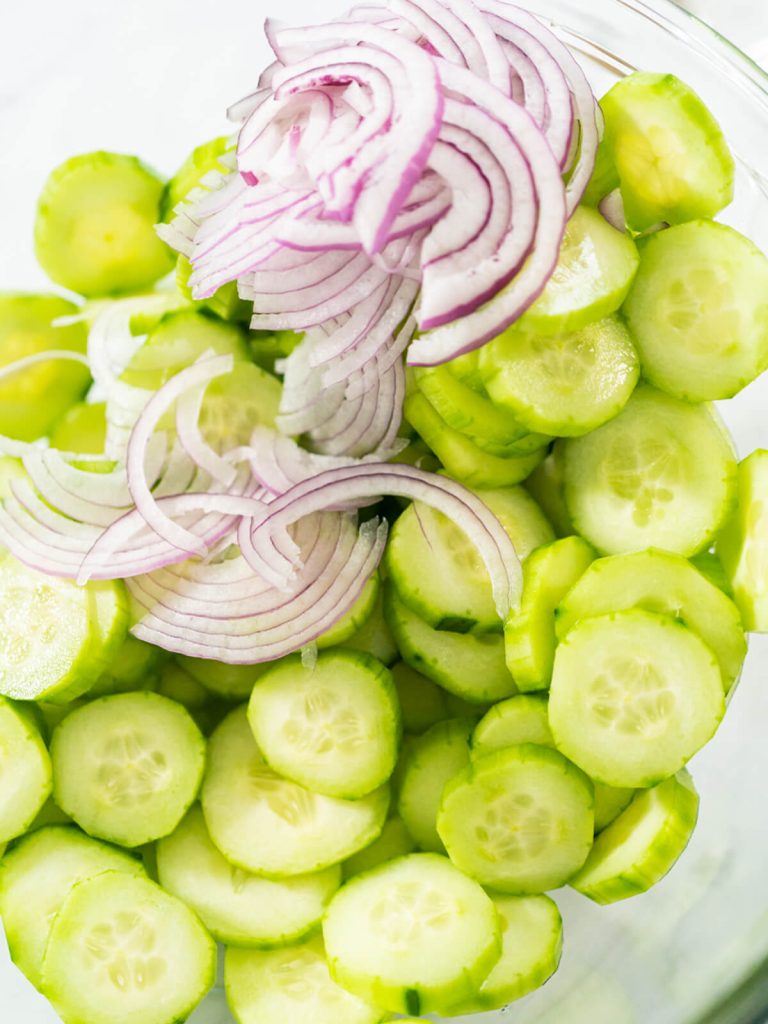 Frischer Gurkensalat mit Dill und roten Zwiebeln