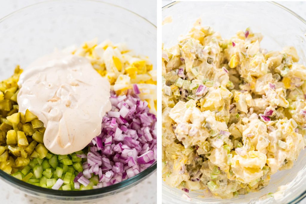 Kartoffelsalat mit Eiern, Sellerie und knackigen Gewürzgurken