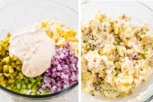 Kartoffelsalat mit Eiern, Sellerie und knackigen Gewürzgurken