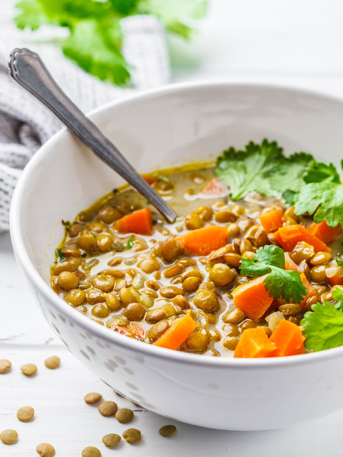 Einfache Linsensuppe mit Kokosmilch, Curry & Koriander