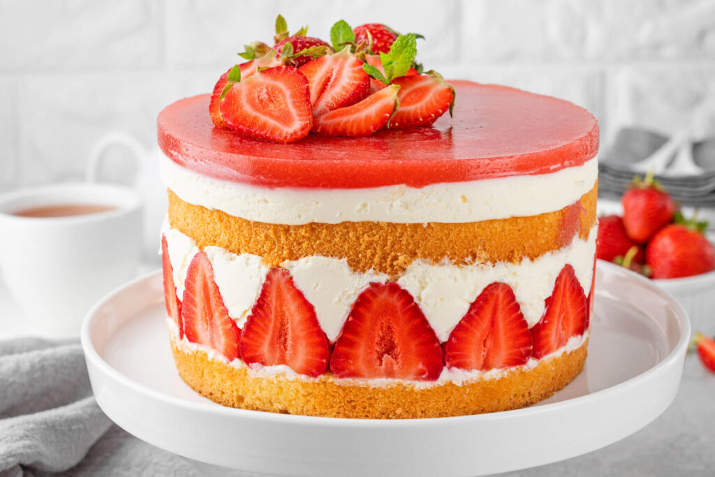 Erdbeertorte „Fraisier“ – Französische Schichttorte mit Vanille-Mousseline und Erdbeerspiegel