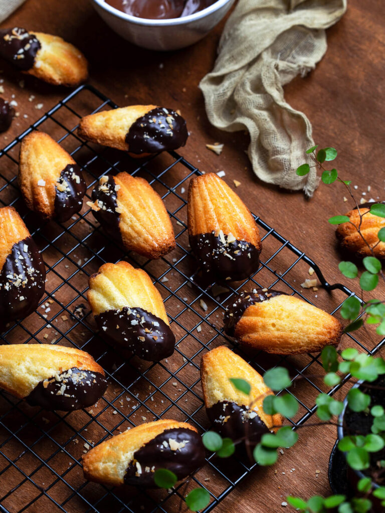 Madeleines mit Schokoladenglasur und Kokosraspeln