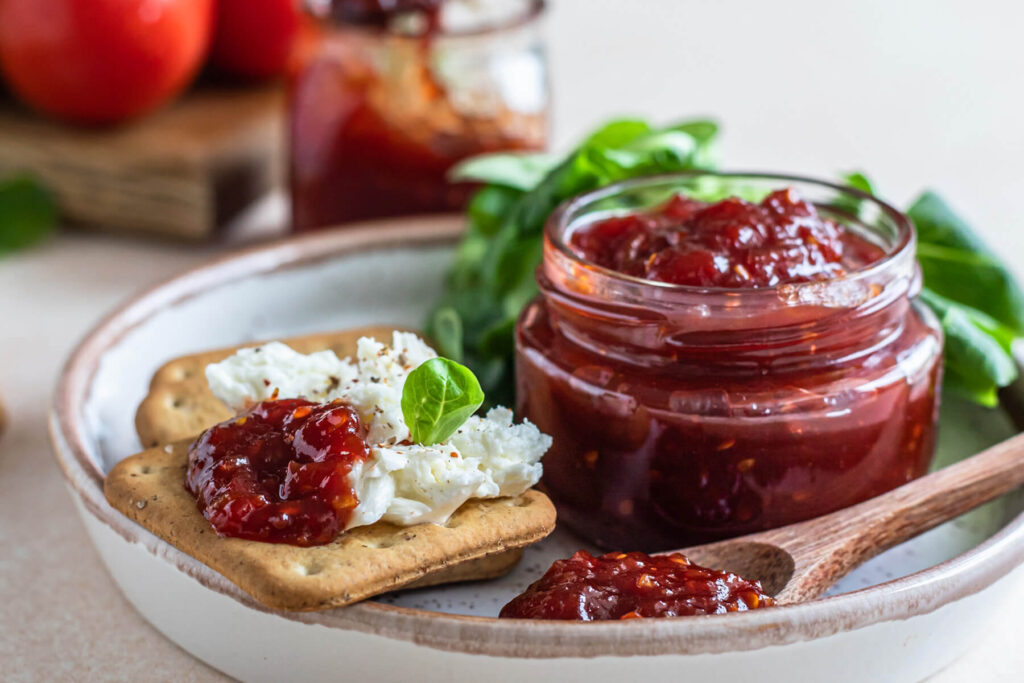 Pikante Tomatenkonfitüre zu Fleisch