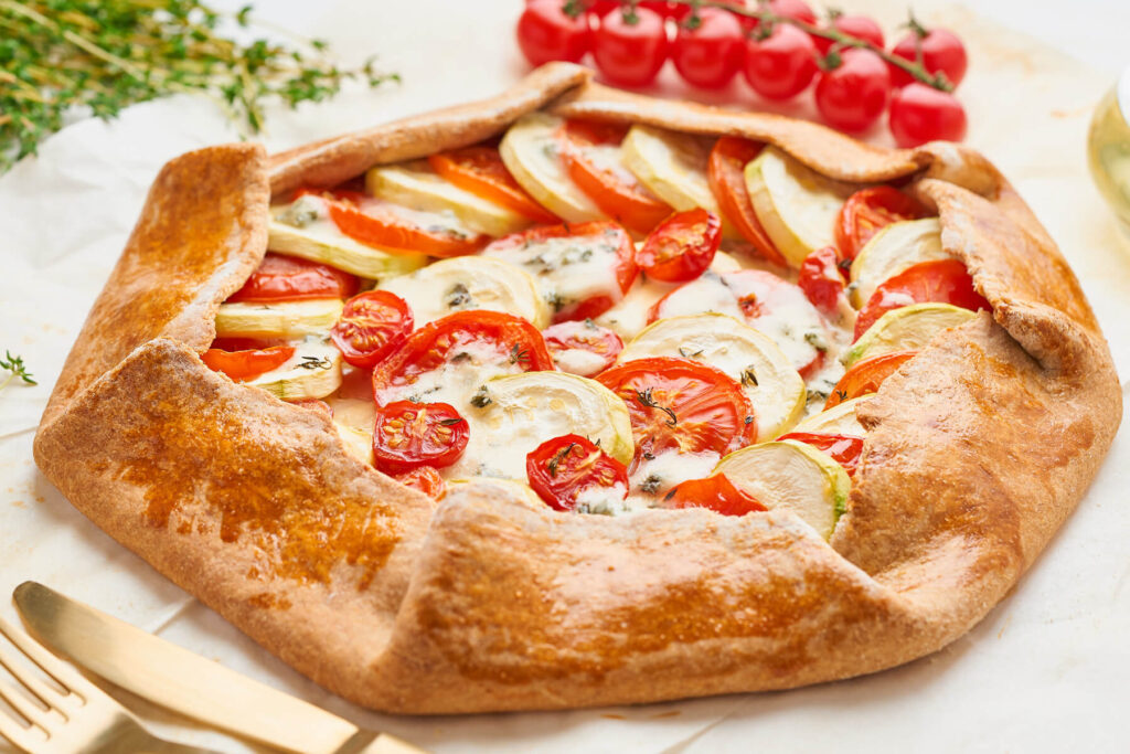 Herzhafte Zucchini-Tomaten-Galette - Gemüsekuchen aus Dinkelteig