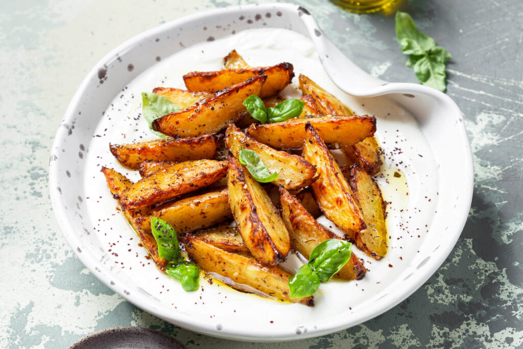 Knusprige Kartoffelspalten mit Feta-Creme: Rezept mit Za'atar & Sumach