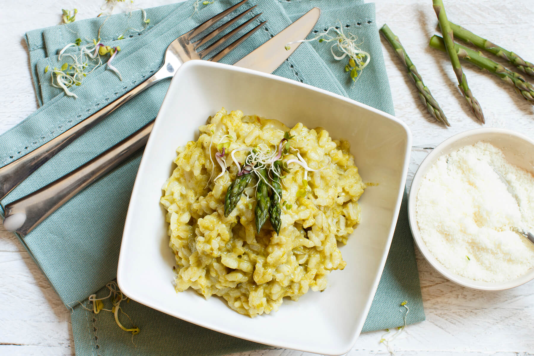 Spargel-Risotto von oben in einer weißen Schale mit Besteck, einer Schale Parmesan und frischem grünem Spargel