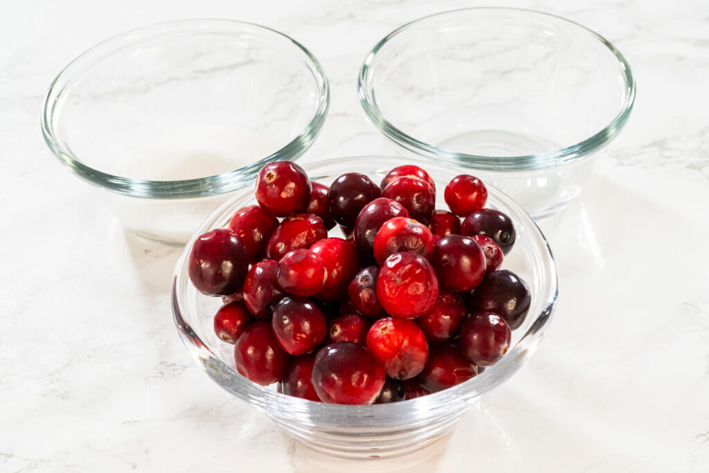 Frische rote Cranberries in einer Schale neben Zucker und Wasser für das Cranberry-Püree