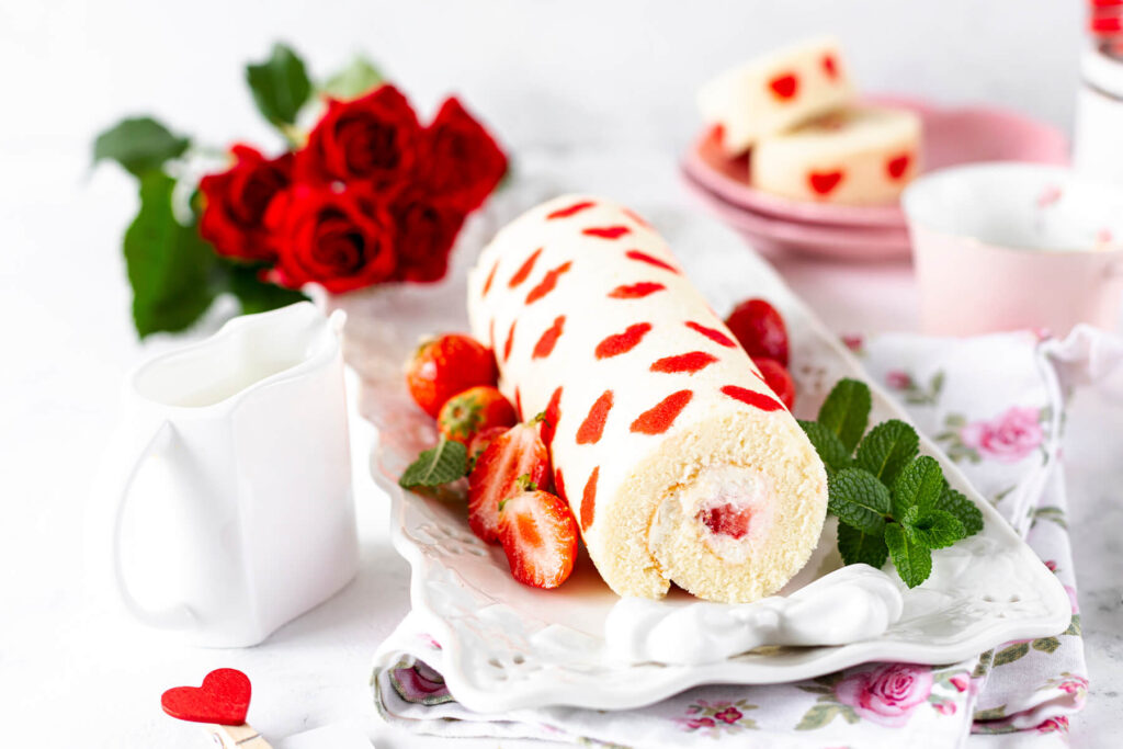 Erdbeer-Biskuitrolle mit roten Herzen im Biskuit auf weißer Servierplatte mit frischen Erdbeeren, Minze und roten Rosen