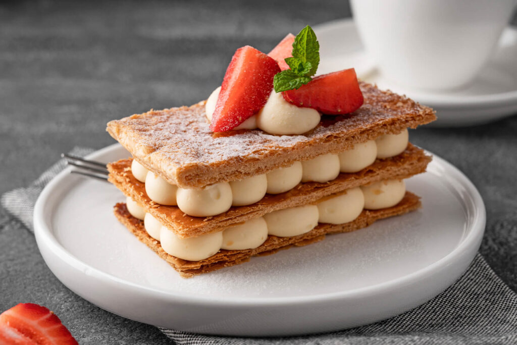 Mille-Feuille mit Vanillecreme und frischen Erdbeeren – das klassische französische Patisserie-Meisterwerk