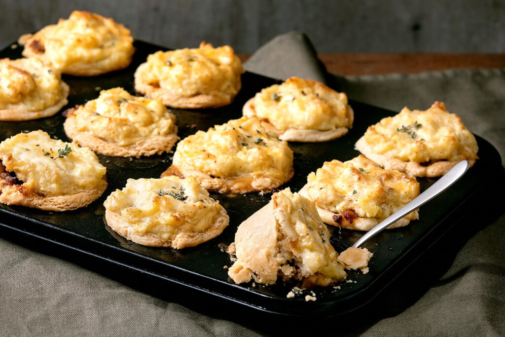 Mini Cottage Pies mit Mürbeteig-Boden und Cheddar-Kartoffelpüree-Haube auf dem Blech