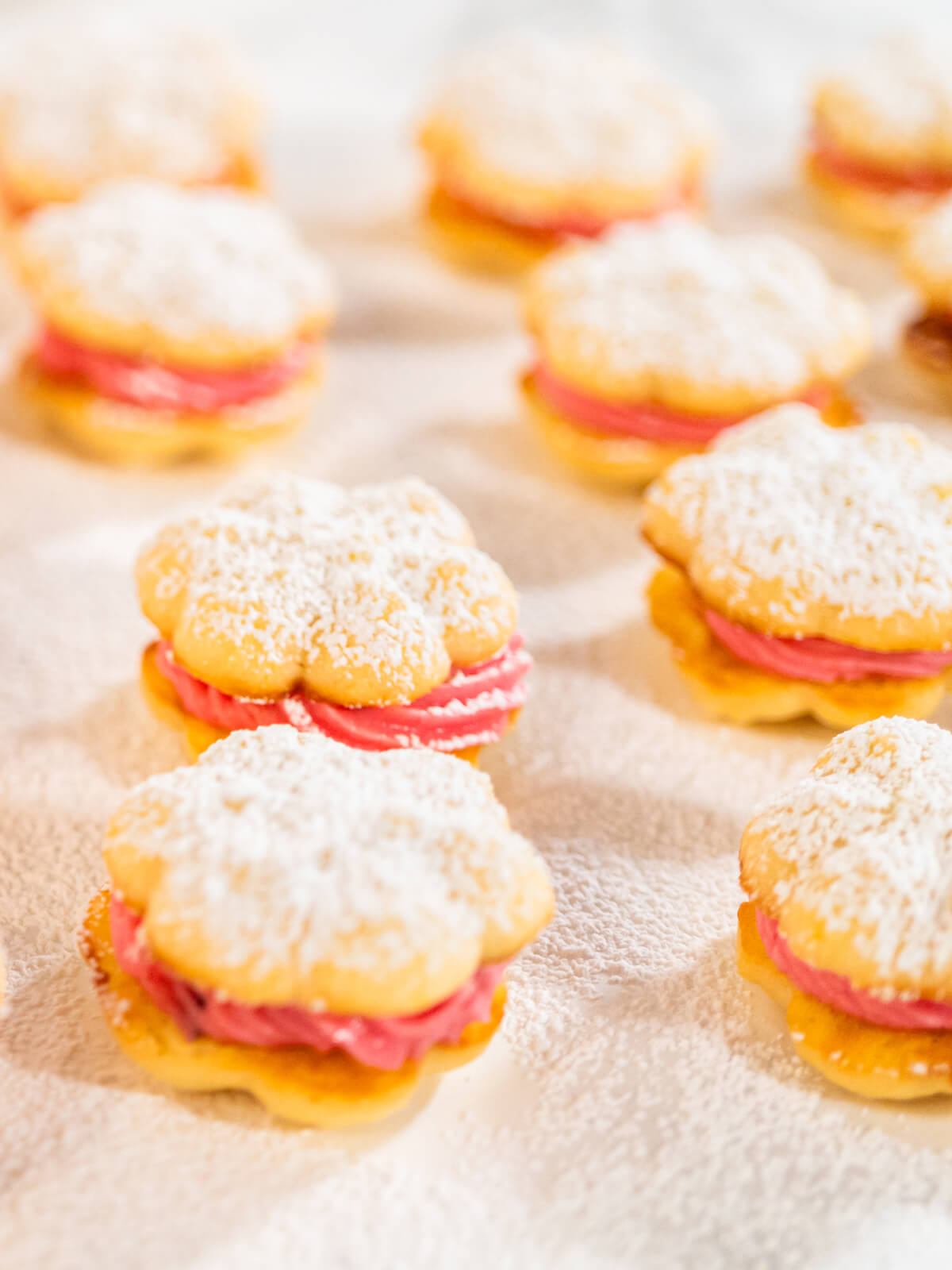 Zitronen-Spritzgebäck mit Cranberry-Buttercreme als Sandwich-Plätzchen