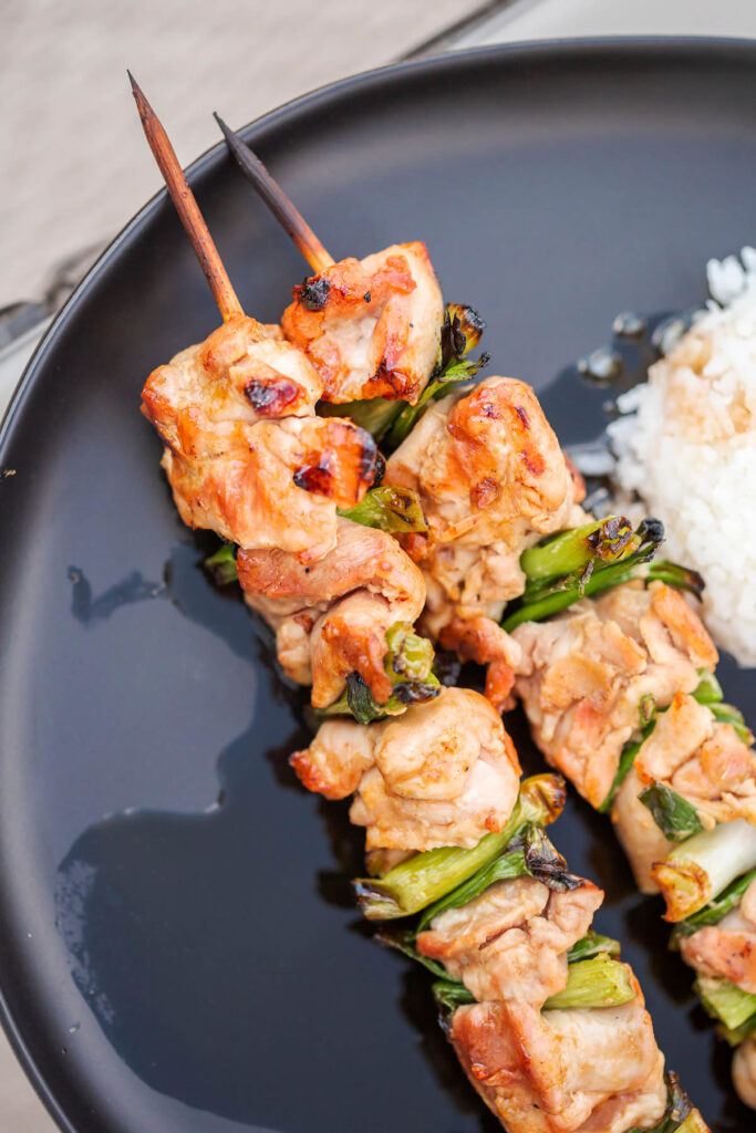 Zwei glasierte Yakitori-Spieße mit Hähnchen und Frühlingszwiebel neben weißem Reis auf einem dunklen Teller