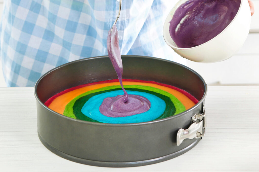 Die Springform ist vollständig mit konzentrischen Farbringen gefüllt, der violette Punkt sitzt in der Mitte