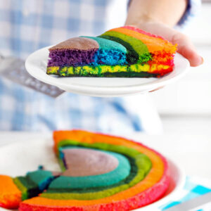 Hand hält einen Teller mit einem Stück Regenbogen-Biskuit, im Anschnitt leuchten die bunten Streifen von Violett über Blau, Grün und Gelb bis Orange und Rot