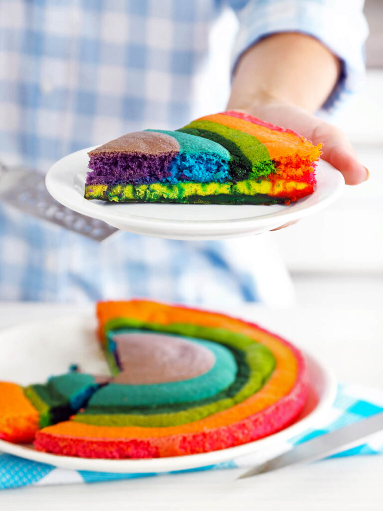Hand hält einen Teller mit einem Stück Regenbogen-Biskuit, im Anschnitt leuchten die bunten Streifen von Violett über Blau, Grün und Gelb bis Orange und Rot