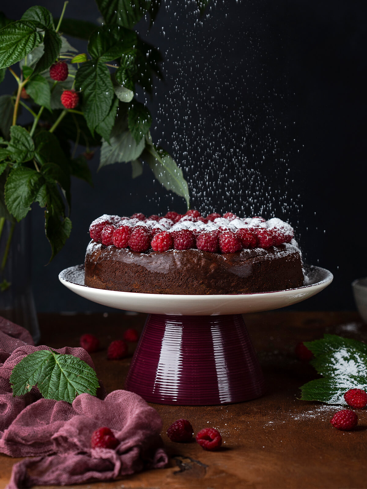 Über die mit Himbeeren belegte Schokoladen-Trüffeltorte rieselt feiner Puderzucker durch ein Sieb, im Hintergrund frische Himbeeren an einem Zweig