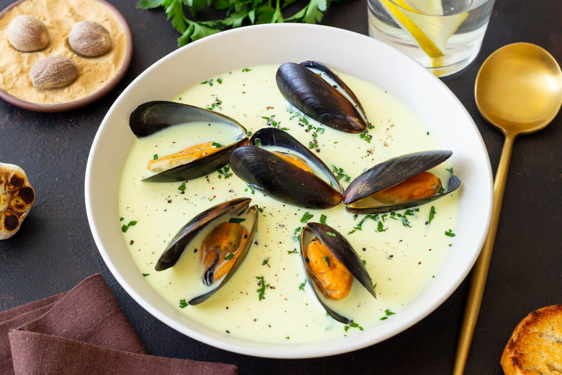 Cremige Muschelsuppe mit Miesmuscheln in einer weißen Schale, daneben Muskatnuss, gerösteter Knoblauch, Petersilie und geröstetes Brot