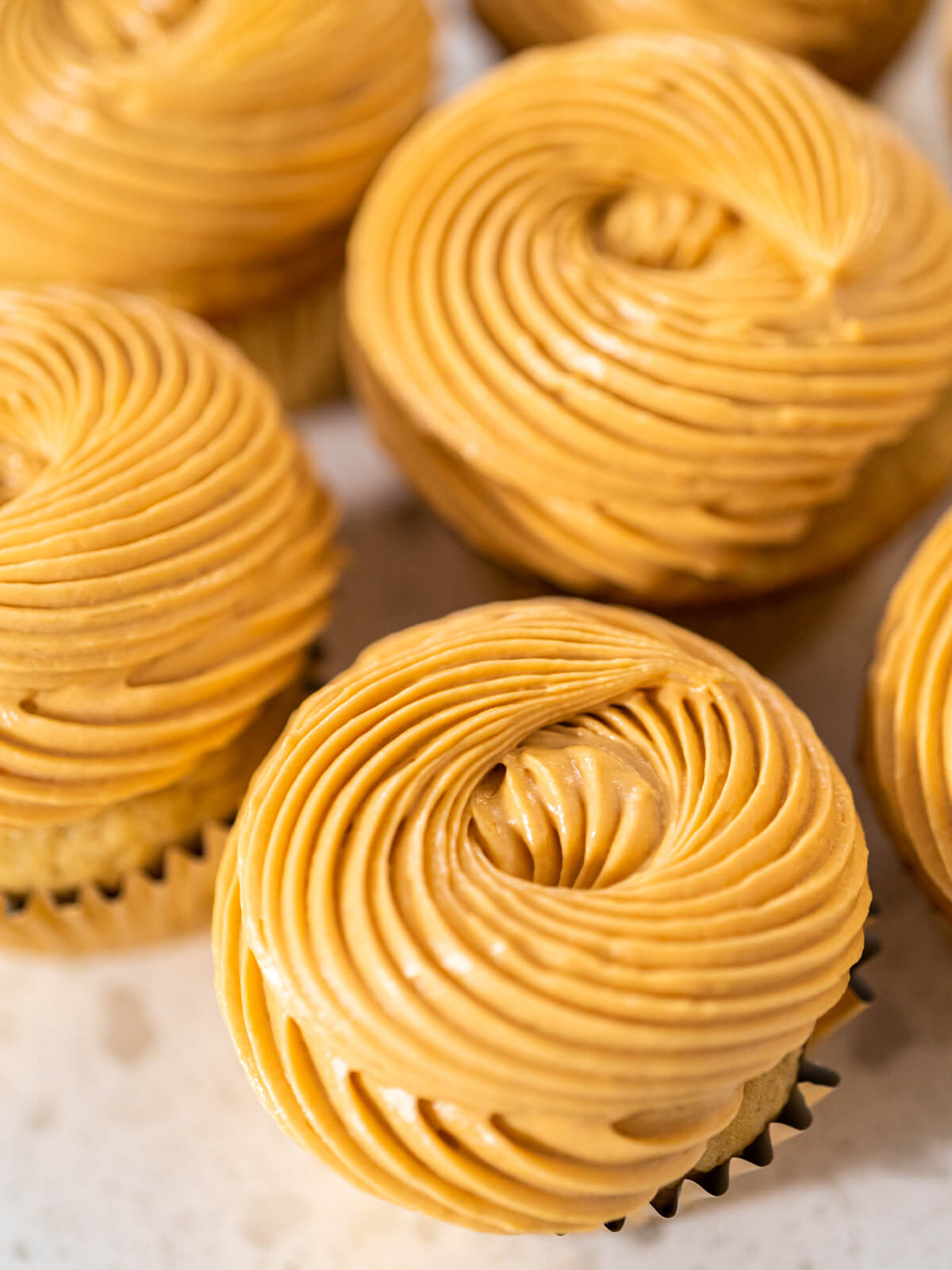 Karamellfarbene Dulce-de-Leche-Buttercreme als Wirbel auf mehreren Cupcakes von oben
