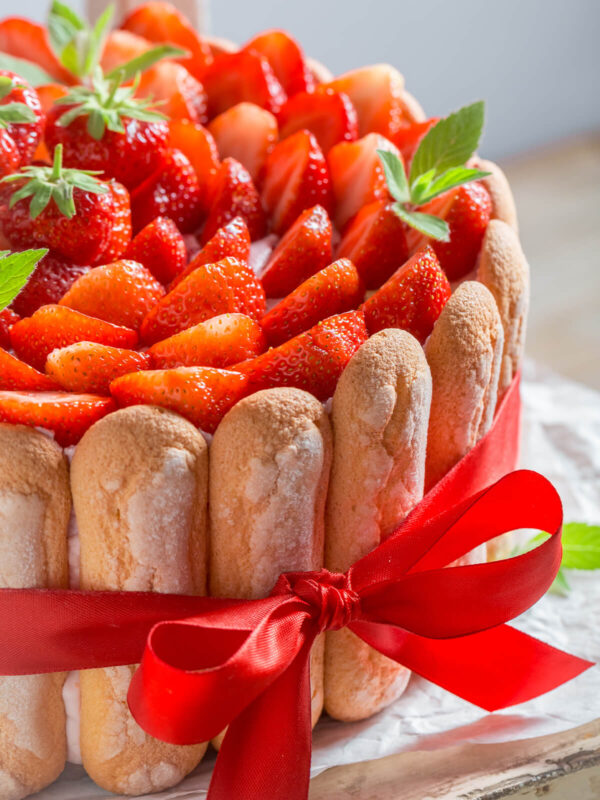 Erdbeer-Charlotte mit Löffelbiskuit-Kranz, dicht mit frischen Erdbeeren belegt und mit rotem Band