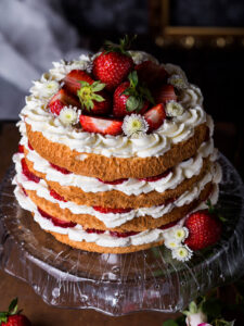 Hohe Erdbeer-Sahne-Torte mit luftigem Biskuit, Sahneschichten und frischen Erdbeeren, garniert mit weißen Blüten auf einer Glas-Tortenplatte