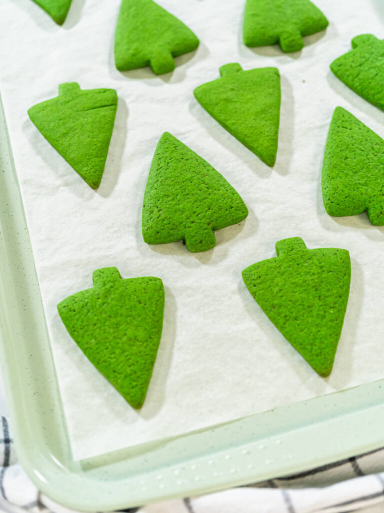 Grüne Lebkuchen-Tannenbäume nach dem Backen auf einem Blech in Nahaufnahme