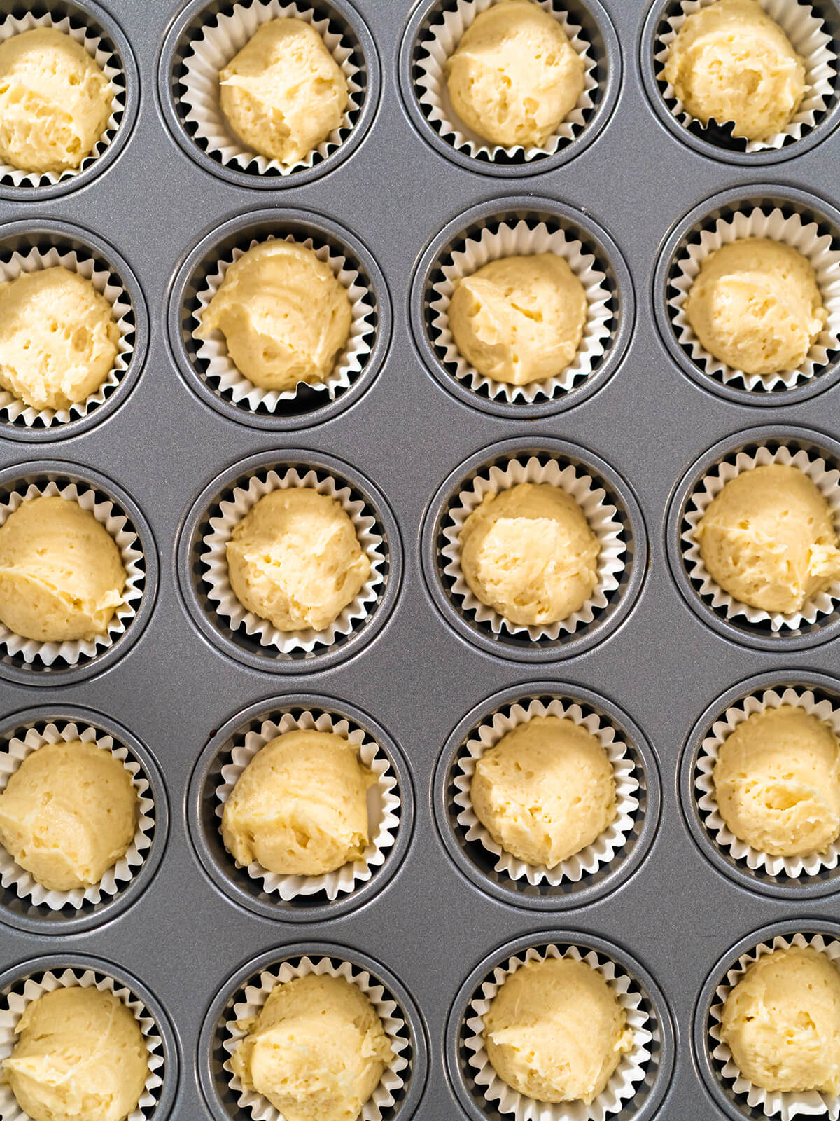 Ein Mini-Muffinblech mit Papierförmchen, gleichmäßig mit hellem Vanilleteig gefüllt