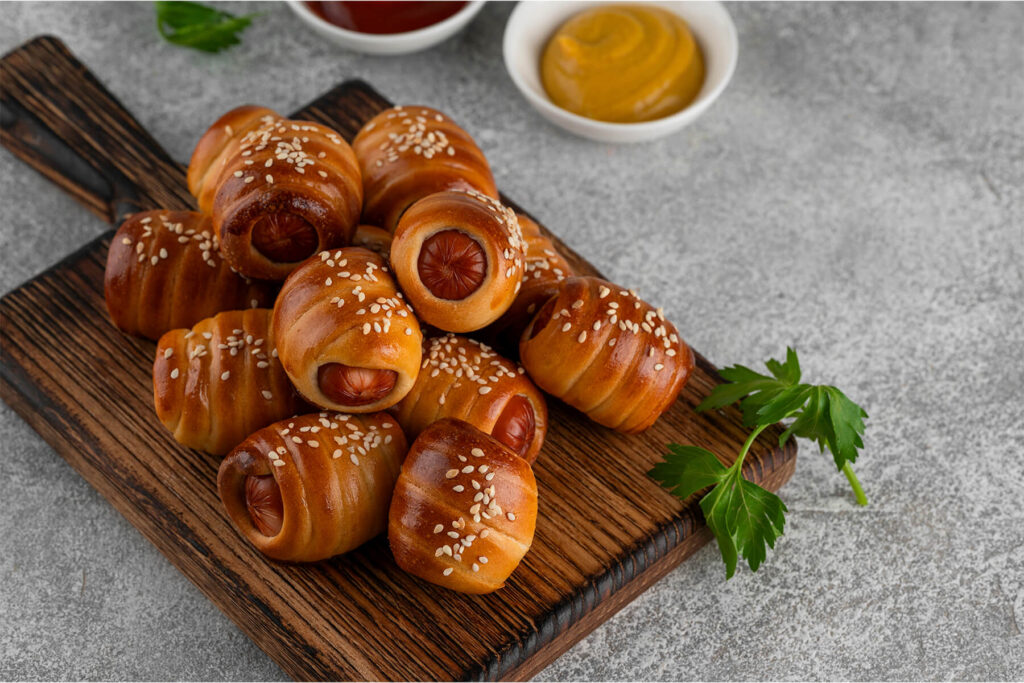 Mini-Würstchen im Hefeteig auf einem Holzbrett, spiralförmig umwickelte Würstchenstücke mit Sesam und herausschauenden Würstchenenden, dazu Schälchen mit Senf und Ketchup
