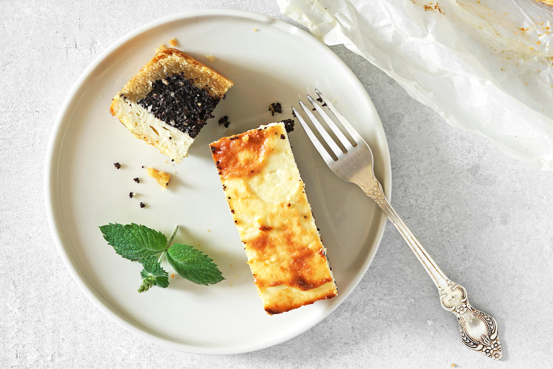 Zwei Scheiben Mohn-Quark-Kuchen auf einem weißen Teller mit Gabel und einem Minzzweig, bei der hinteren Scheibe der Anschnitt mit dünnem Mürbeteigboden, dicker dunkler Mohnschicht und heller Quarkmasse darüber sichtbar, die vordere Scheibe liegt mit der goldbraunen Kruste nach oben