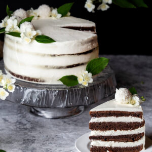 Schoko-Kokos-Torte im Naked-Cake-Stil mit weißer Creme, Kokoskugeln und Blüten, daneben ein angeschnittenes Stück mit vier dunklen Schichten