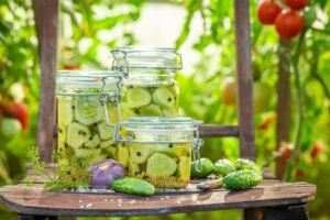 Mehrere Gläser mit süß-sauer eingelegten Gurkenstücken, Senfkörnern, Piment und Dill auf einem Tisch im Garten
