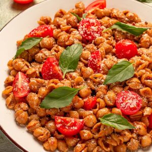 Teller mit kleinen Muschelnudeln in rötlich-brauner Paprika-Tomatensauce, dazu halbierte Kirschtomaten, frische BasilikumblÀtter und geriebener Parmesan
