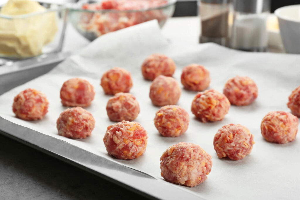 Rohe Wurst-Käse-Masse zu Bällchen geformt auf einem Backblech, dahinter eine Schüssel mit Masse