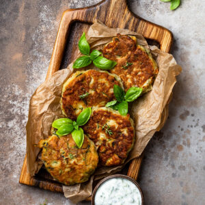 Goldbraune Zucchini-Fritter mit Parmesan auf einem Holzbrett mit Tzatziki und frischem Basilikum