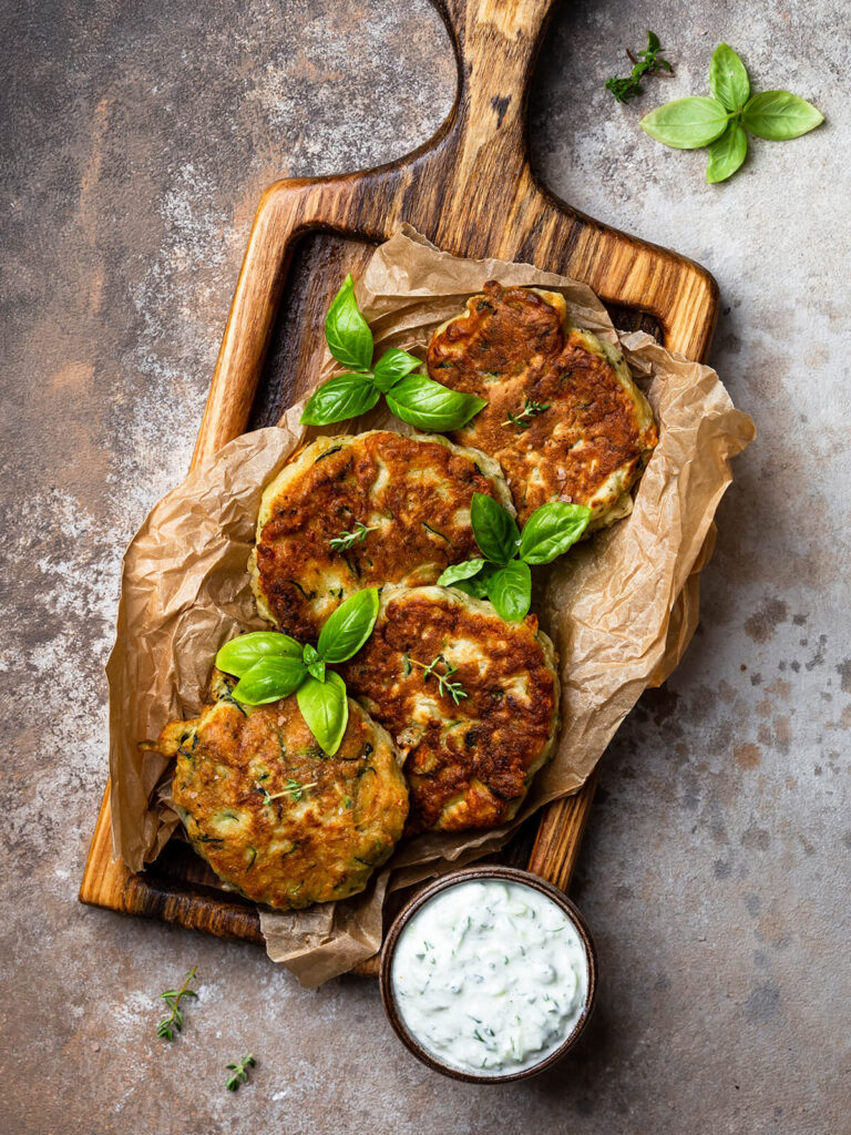 Goldbraune Zucchini-Fritter mit Parmesan auf einem Holzbrett mit Tzatziki und frischem Basilikum