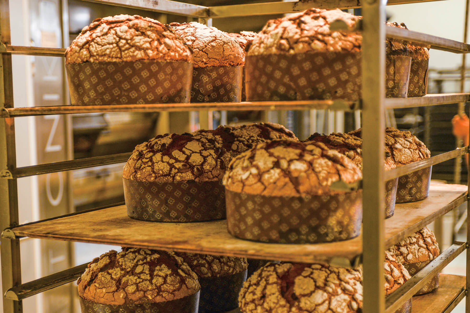 Backwagen mit mehreren Etagen voller fertig gebackener Panettone mit aufgerissener Mandelglasur