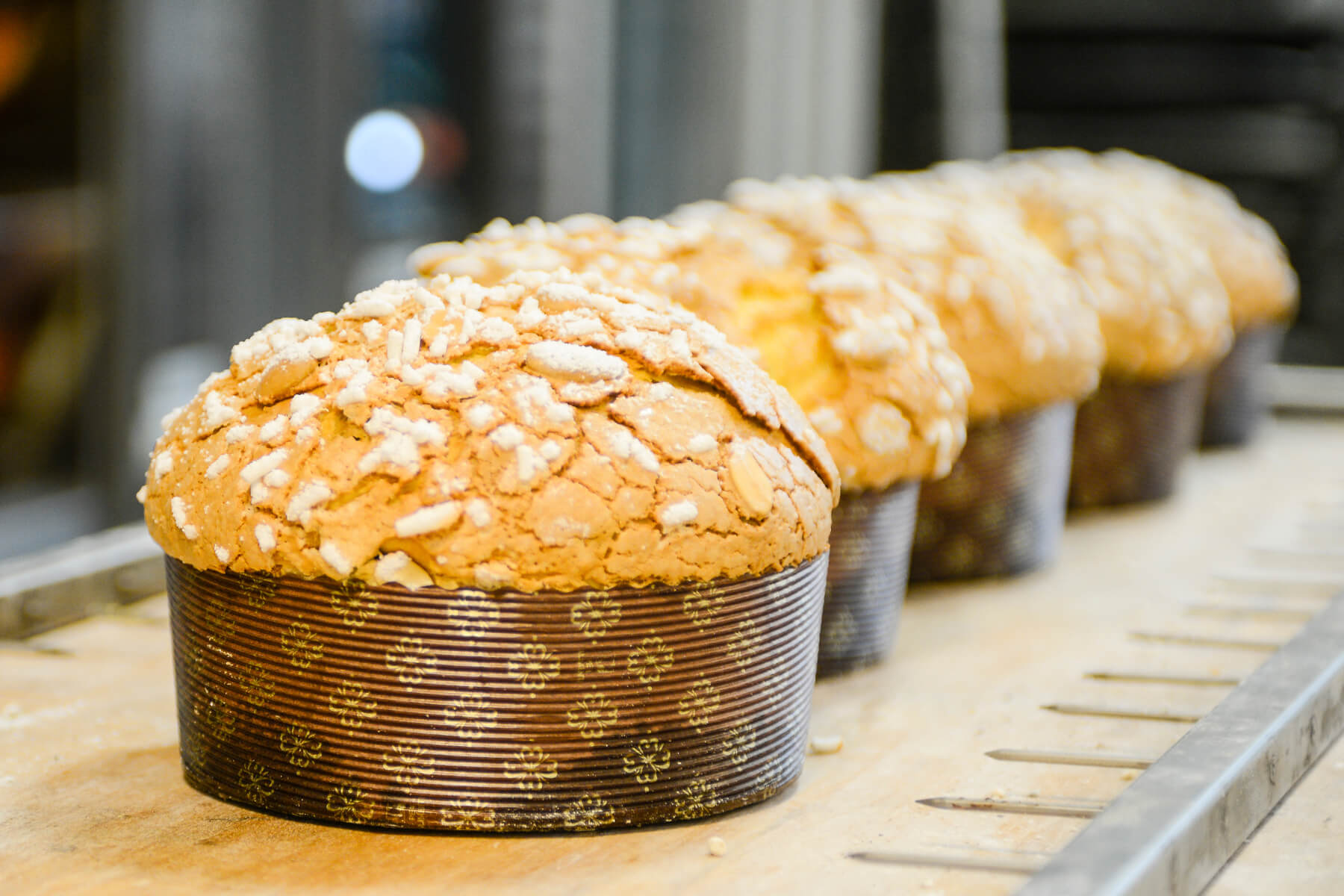 Fertig gebackener Panettone mit aufgerissener Mandelglasur, ganzen Mandeln und Hagelzucker, dahinter eine Reihe weiterer Laibe