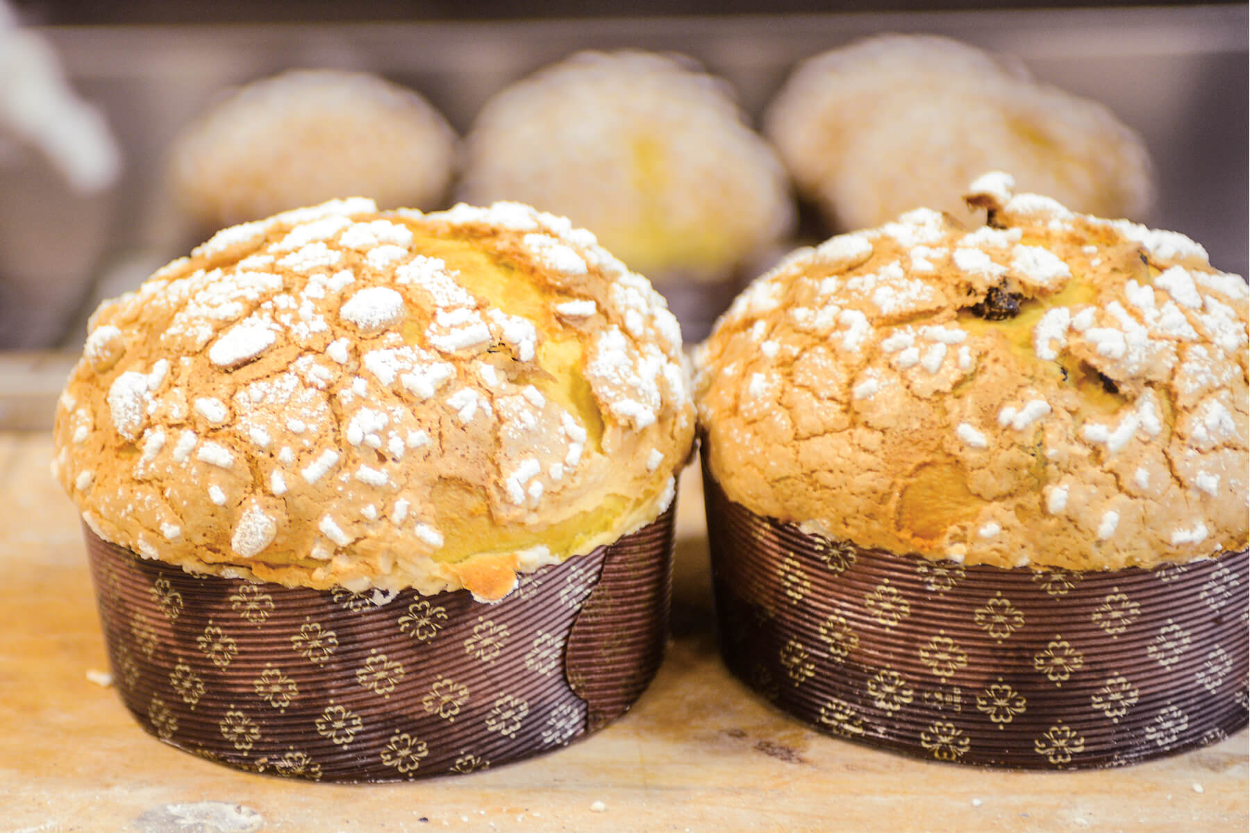 Zwei fertig gebackene Panettone nebeneinander, die goldene Haube ragt hoch über den Rand der Papierform hinaus