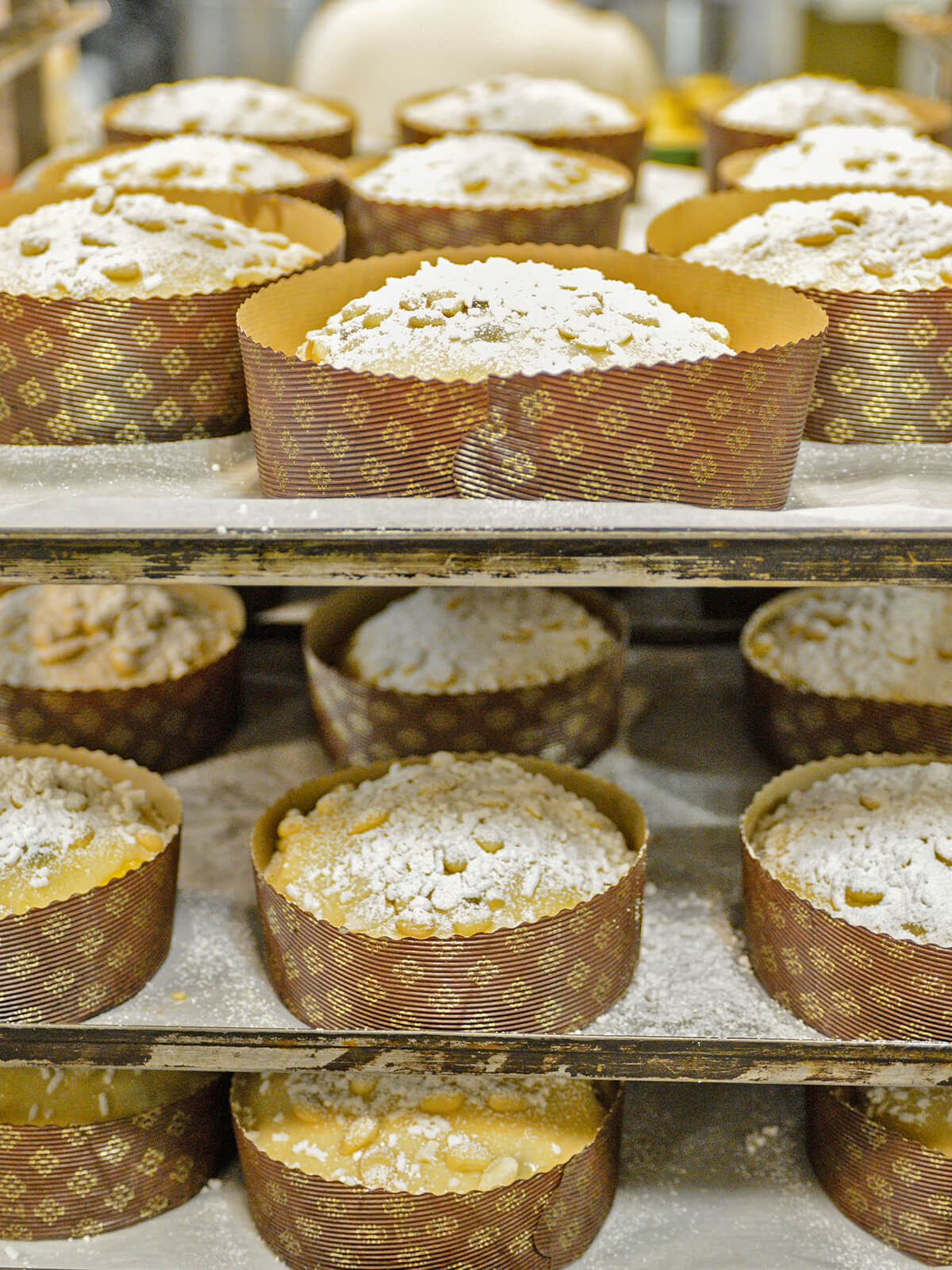 Rohe Panettone in Papierformen, dick mit Puderzucker bestäubt, darunter ganze Mandeln und Hagelzuckerkörner auf der Glasur