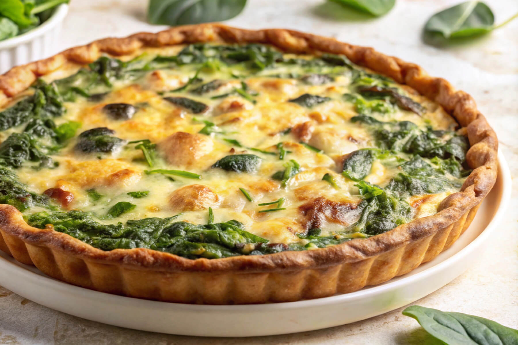 Fertige herzhafte Spinat-Käse-Quiche mit goldbraunem, blättrigem Mürbeteigrand