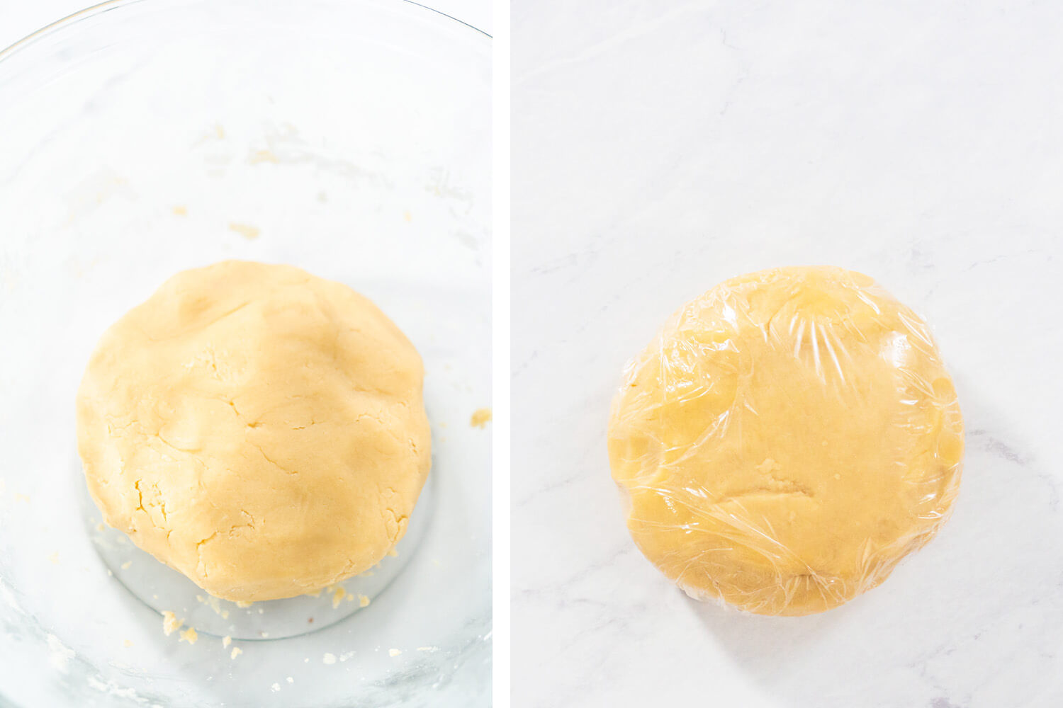 Glatte Kugel aus süßem Mürbeteig in einer Schüssel und daneben derselbe Teig in Frischhaltefolie gewickelt