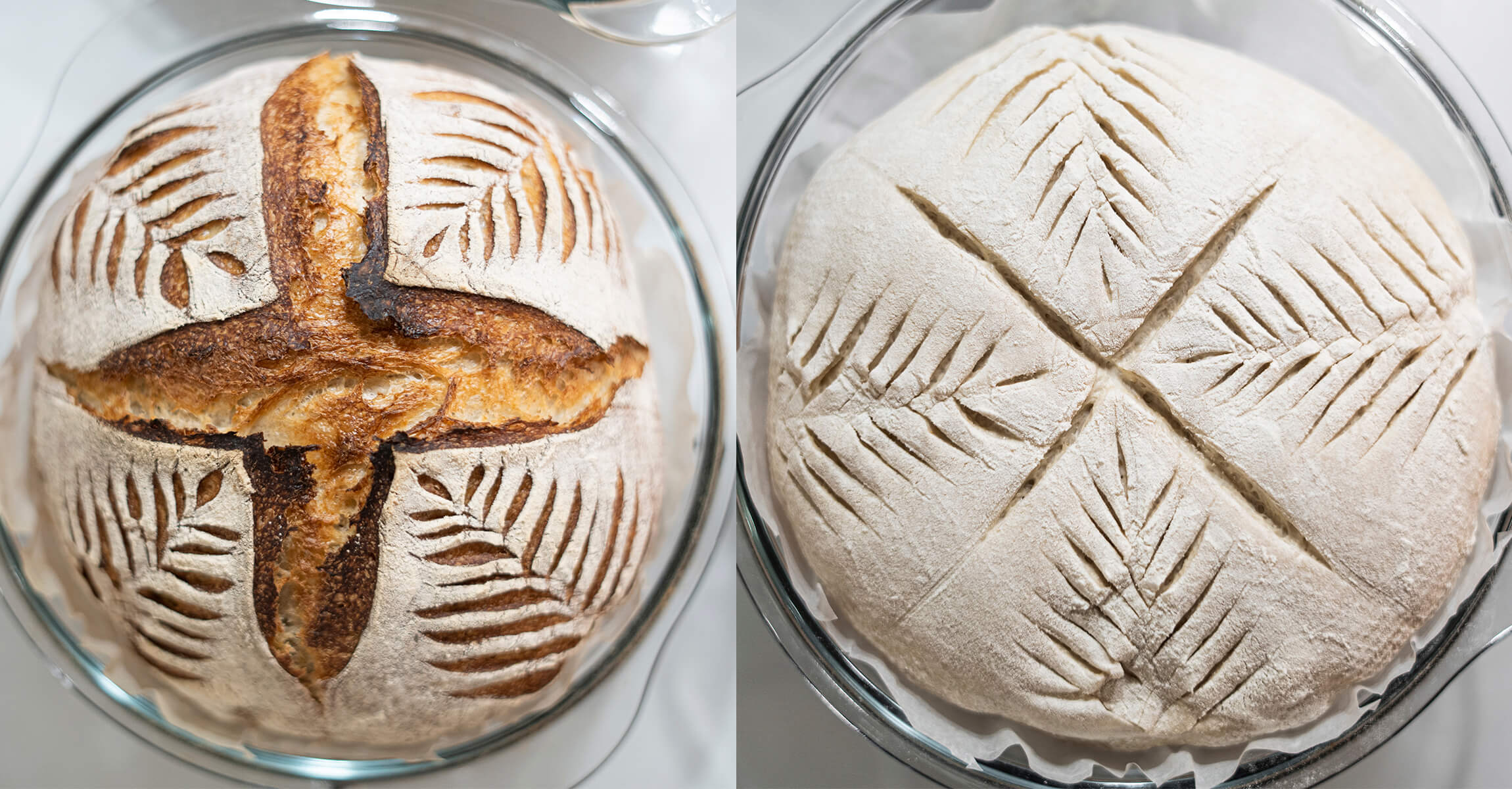 Zwei Aufnahmen von oben nebeneinander: links ein gebackenes Brot mit Kreuzschnitt und Ährenmuster in einer runden Glasform, rechts ein Teigling mit demselben Muster roh auf Backpapier in der Glasform