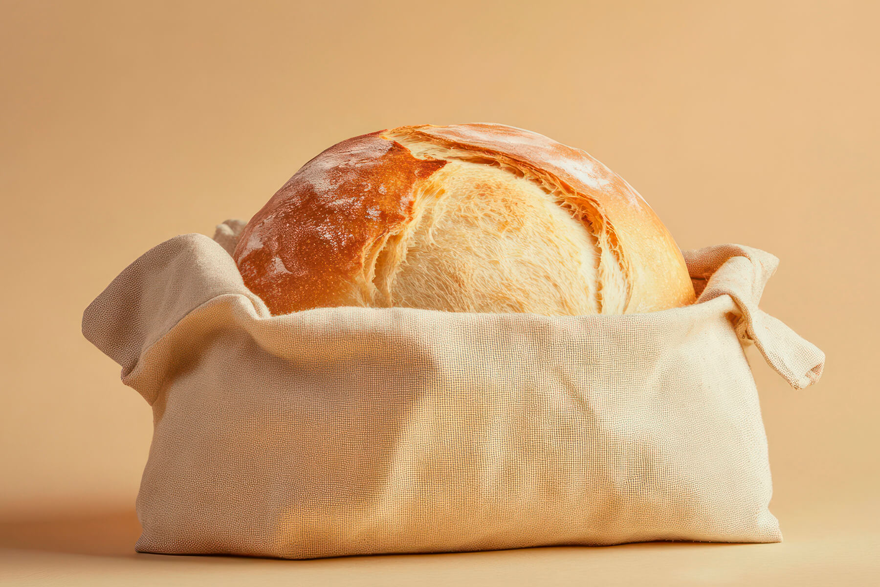 Rundes Brot mit kräftig aufgerissener Kruste in einem hellen Stoffbeutel