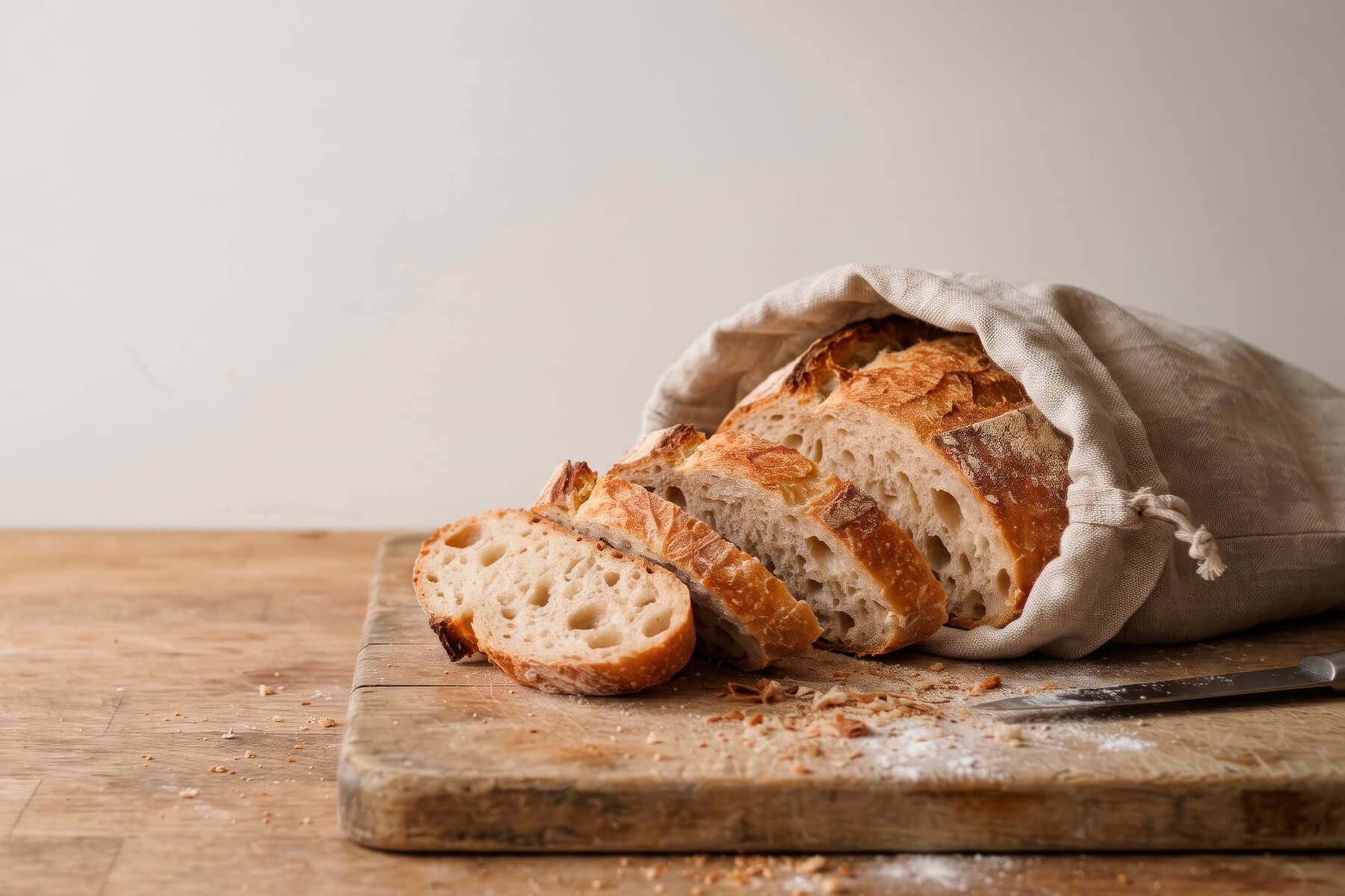 Angeschnittenes Brot mit offener Krume, das aus einem Leinenbeutel heraus auf einem Holzbrett liegt